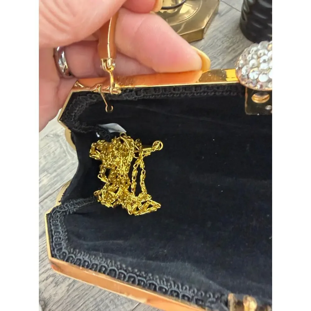 Vintage Clutch Bag Party Clutches Handbag Detachable Chain Strap Brown Gold